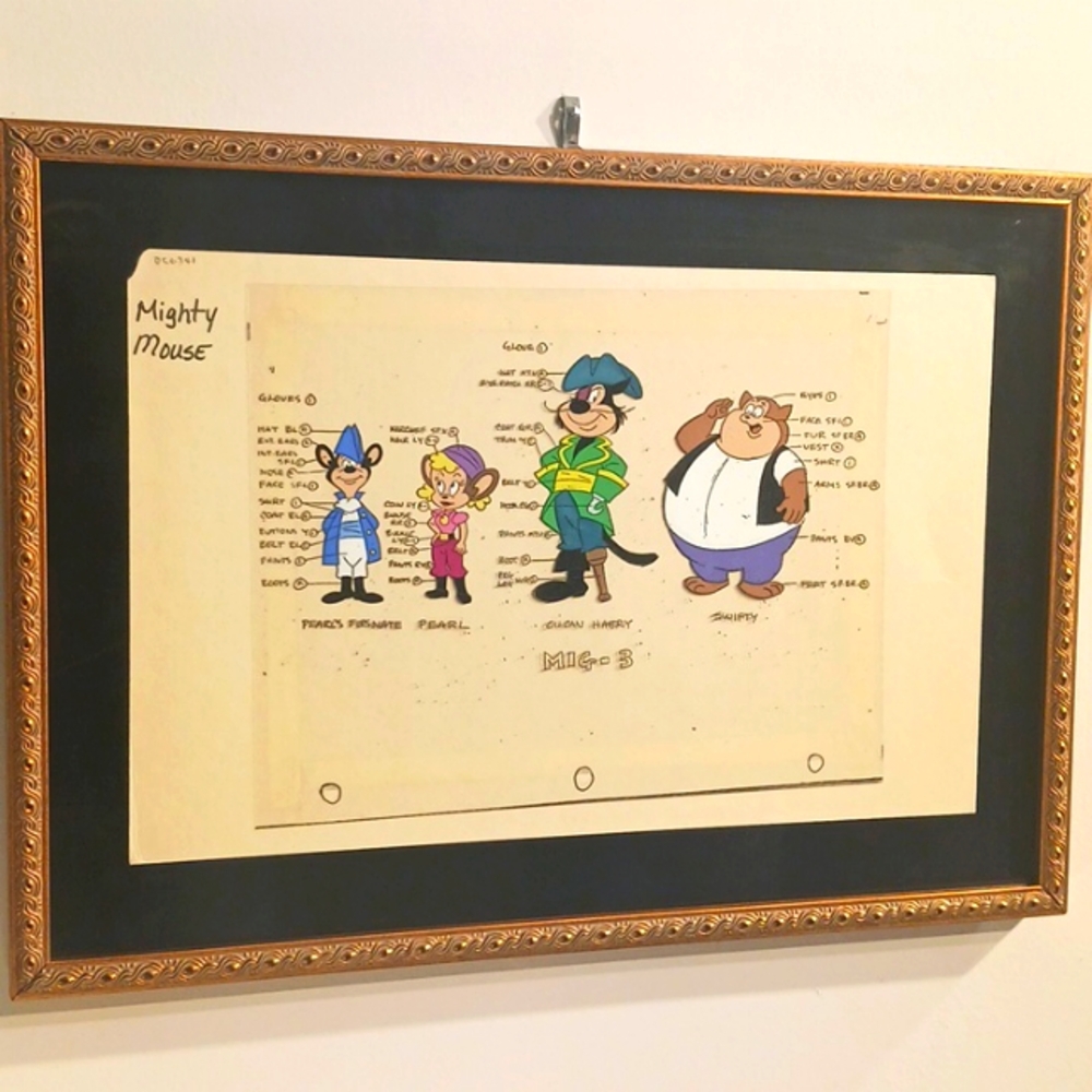 MIGHTY MOUSE ANIMATION CELL +SHEET FILMATION-FRAMED ,13"×18.25", Multicolor.